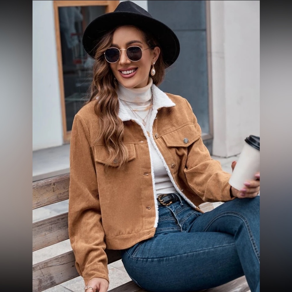 Brown corduroy jacket with sherpa trim. Not lined . Size medium .Eu 38 .US6.NWOT